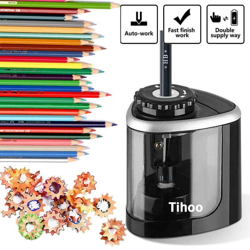 Electric Pencil Sharpener Usb - 電動鉛筆削り機。自動で、電池式。らせん状の刃で、2号カラー鉛筆（6～8mm）に対応。学生や子供、学校での使用に最適。