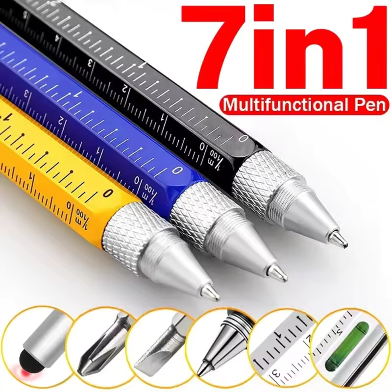 Writing Tools - 7つの機能が1つになった多機能ペン。タッチスクリーン対応のスタイラスペン、静電容量式ペン、ドライバー、定規、水平器、交換可能なボールペン芯が付属。
